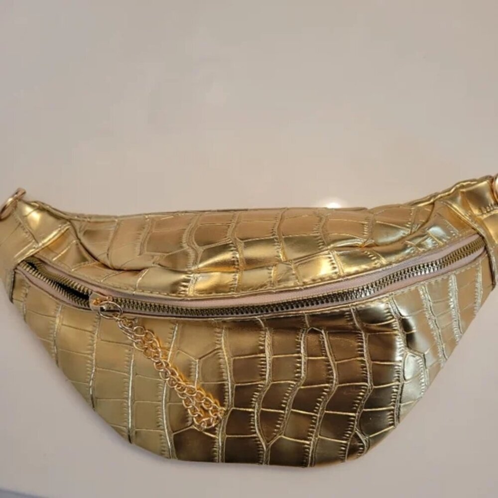 Gold Metallic Purse Belt Bag Sling Faux Croc w/ Guitar Strap - Picture 3 of 7